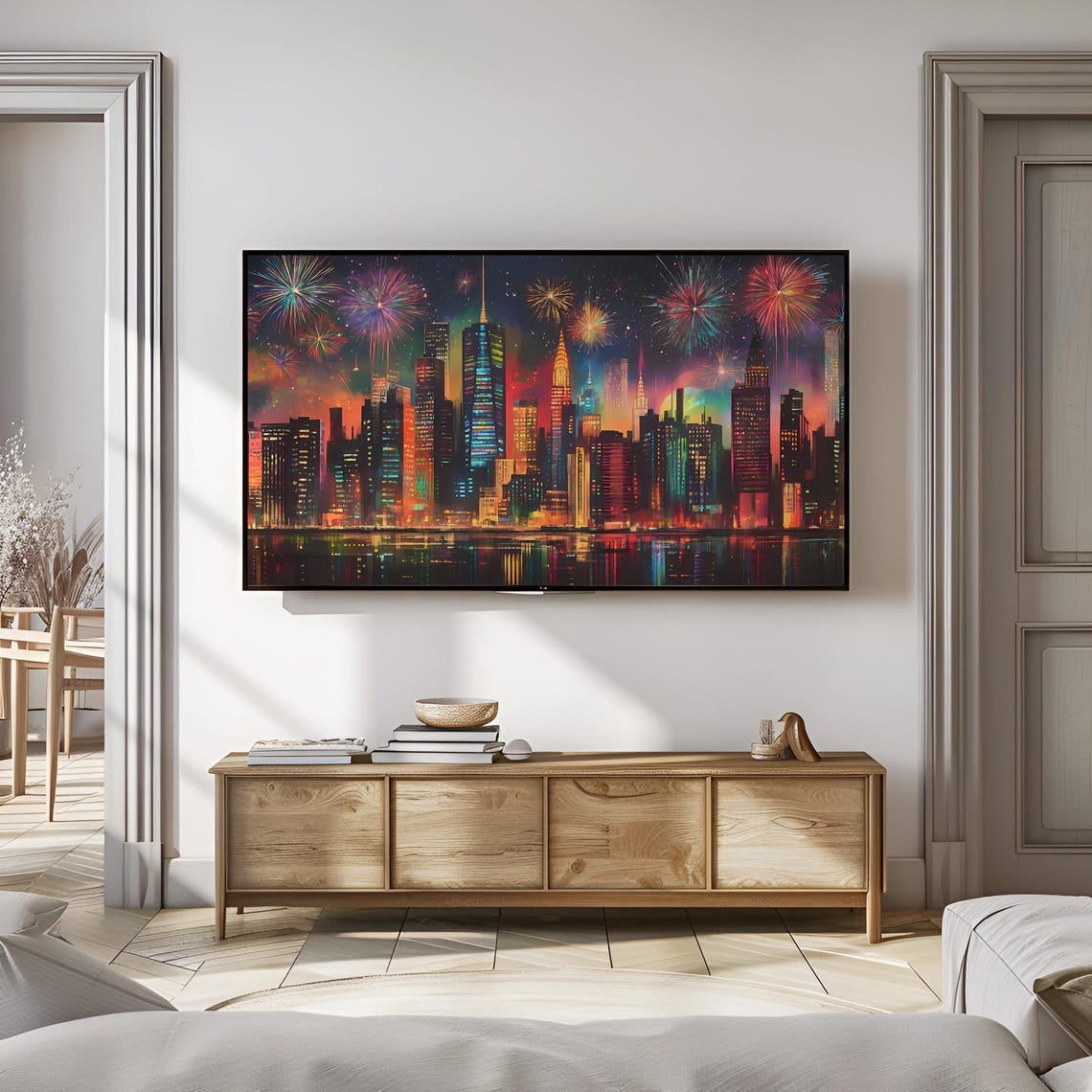 New York City Colorful Skyline Fireworks Night Painting Poster - Image 3