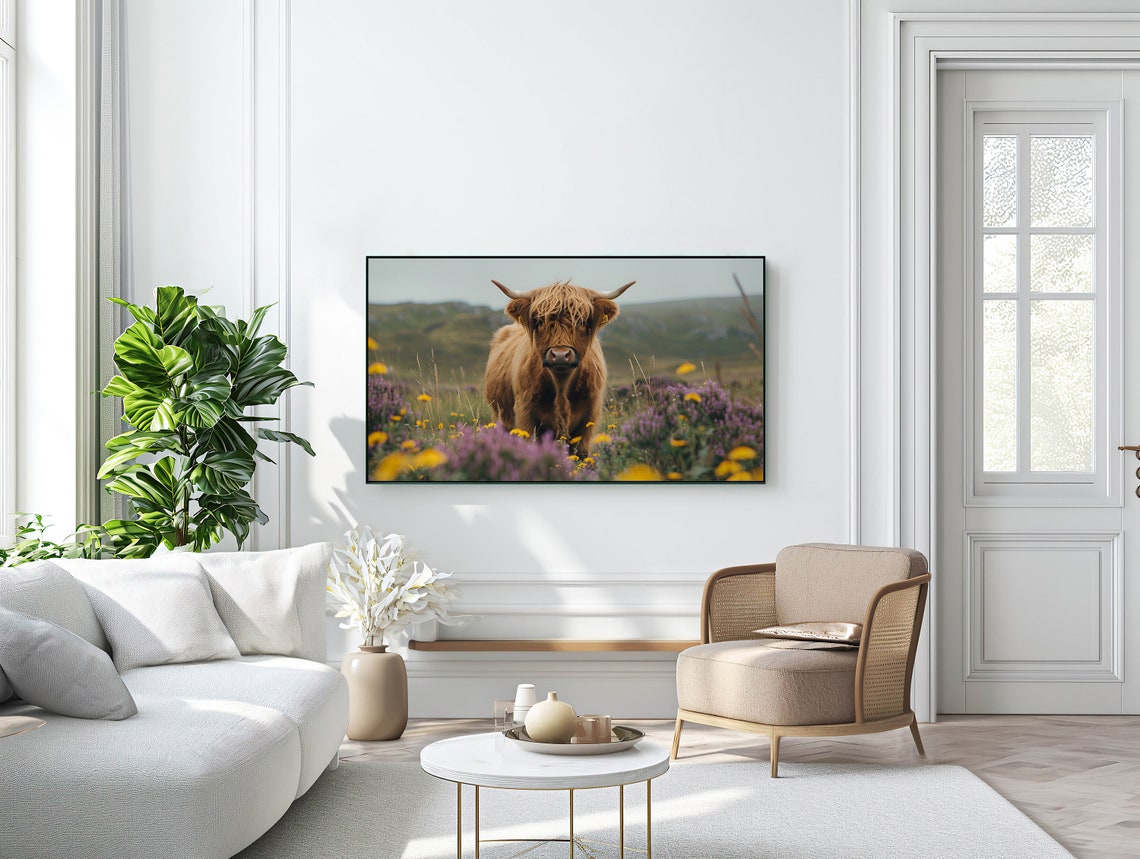 Highland Cow Purple Wildflower Field Rustic Animal Portrait Poster - Image 3