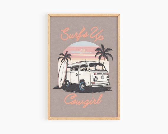 Surfs Up Cowgirl Art Print Coastal Cowgirl Poster Print Preppy Cowgirl Dorm Room Wall Art Girly Beach Aesthetic S075