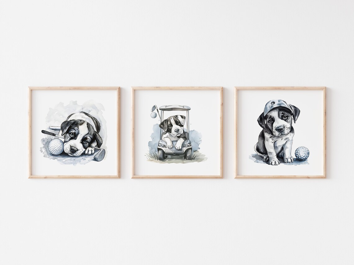 Cute Watercolor Puppy Golf Trio Nursery Baby Shower Wall Art