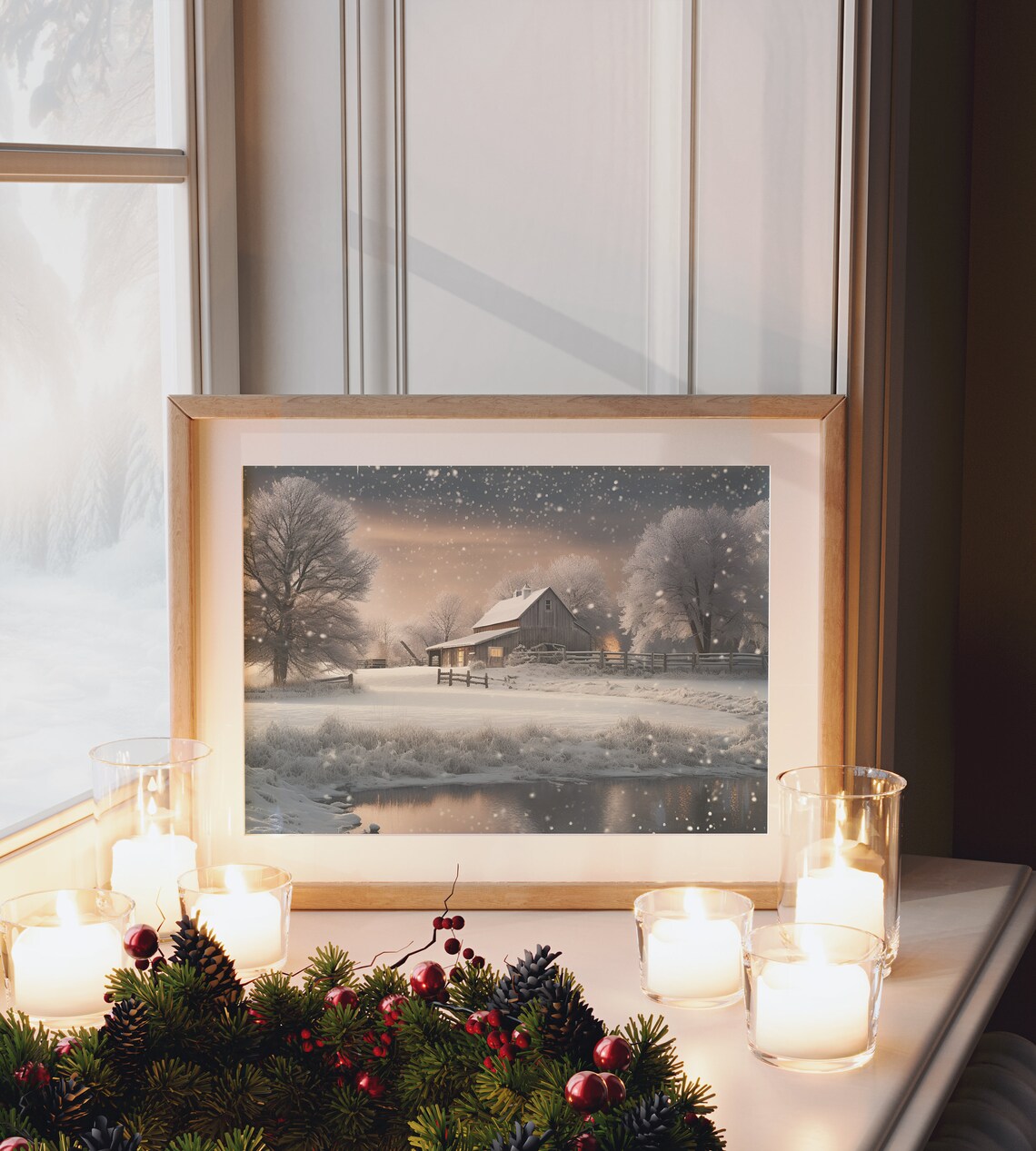 Snowy Winter Barn Under Starry Night Sky Holiday Farm Scene Poster - Image 2