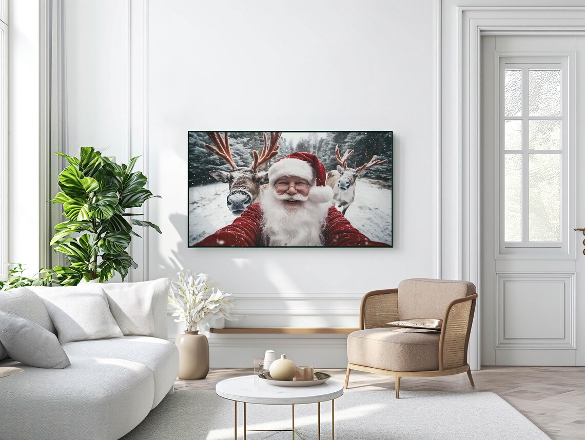 Santa Claus Selfie With Reindeer Snowy Winter Funny Photo Poster - Image 2