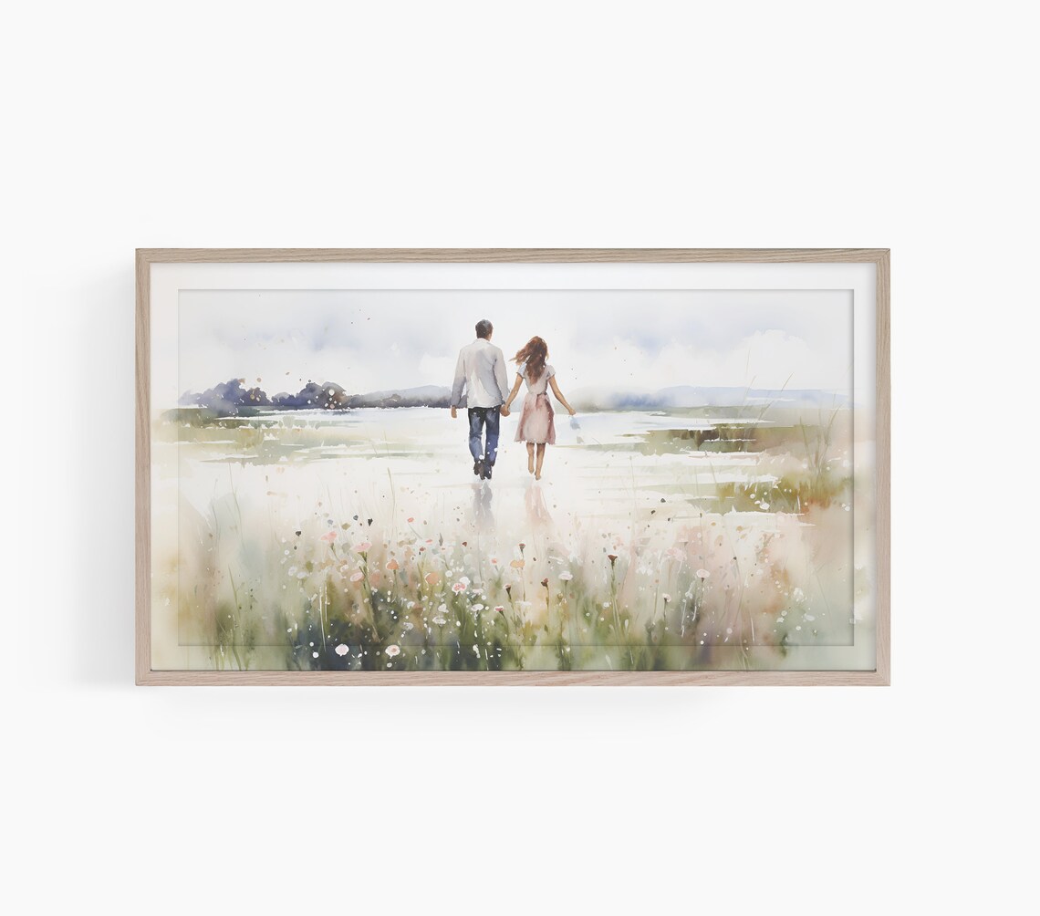 Couple Walking Hand In Hand Wildflower Field Lake Watercolor Poster
