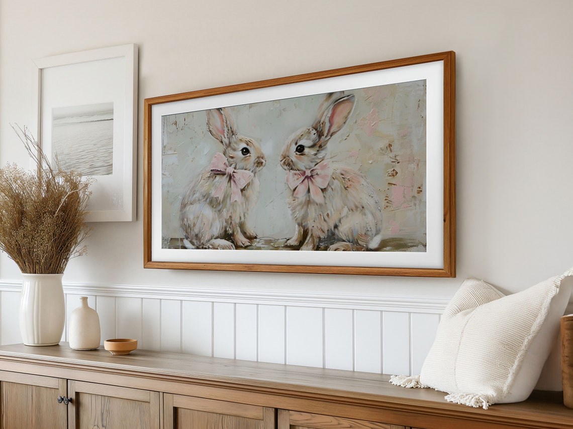 Two Bunnies Pink Bows Vintage Spring Rabbit Gift Painting Wall Art - Image 2