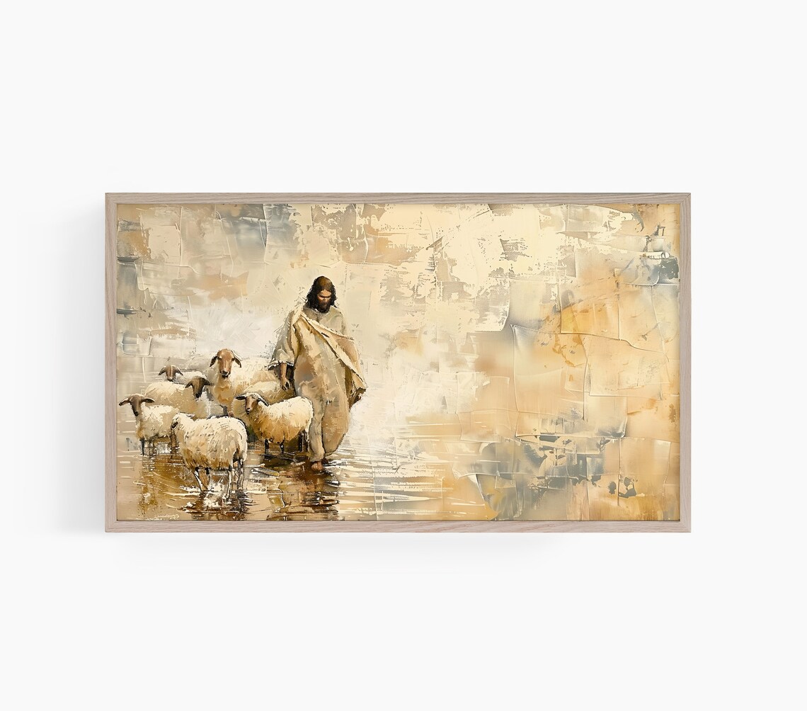 Jesus Good Shepherd Sheep Textured Faith Oil Painting Poster