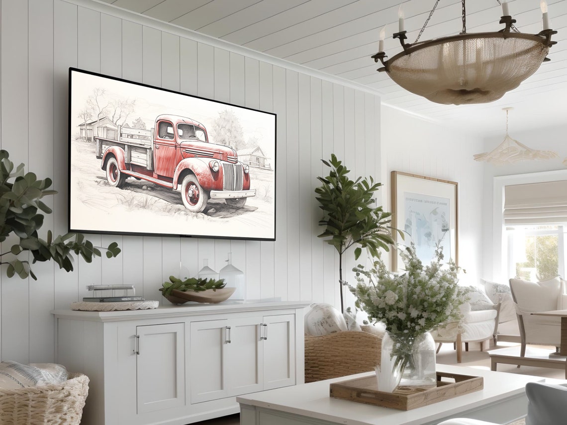 Red Vintage Farm Truck Sketch Rustic Barn Country Scene Poster - Image 3