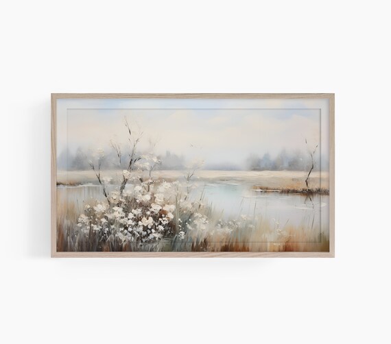 Spring Marsh Lake White Blossom Soft Landscape Serene Wall Art
