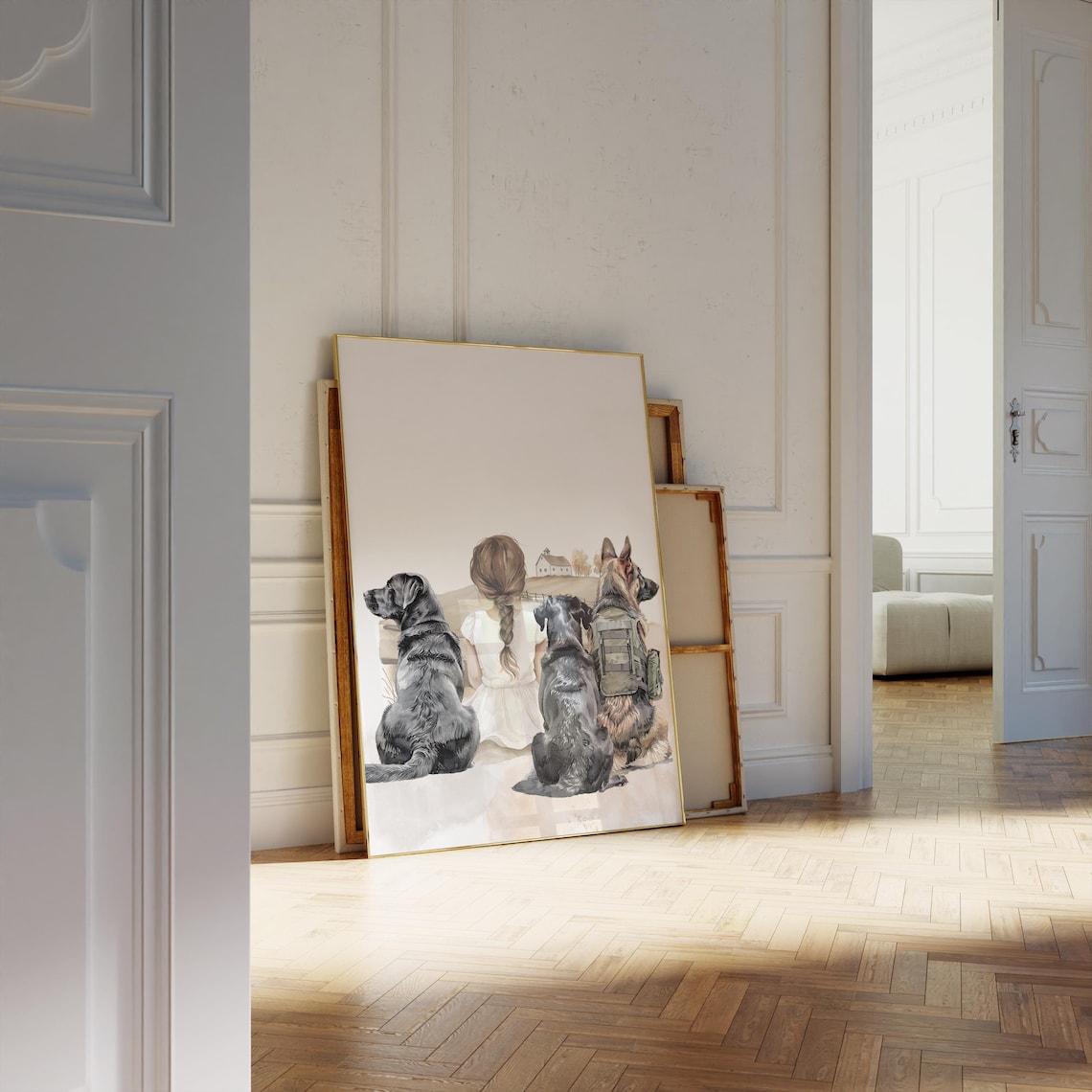 Little Farm Girl With Three Dogs Watercolor Nursery Art Poster