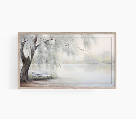 Misty Lakeside Bench Under Weeping Willow Tree Watercolor Poster
