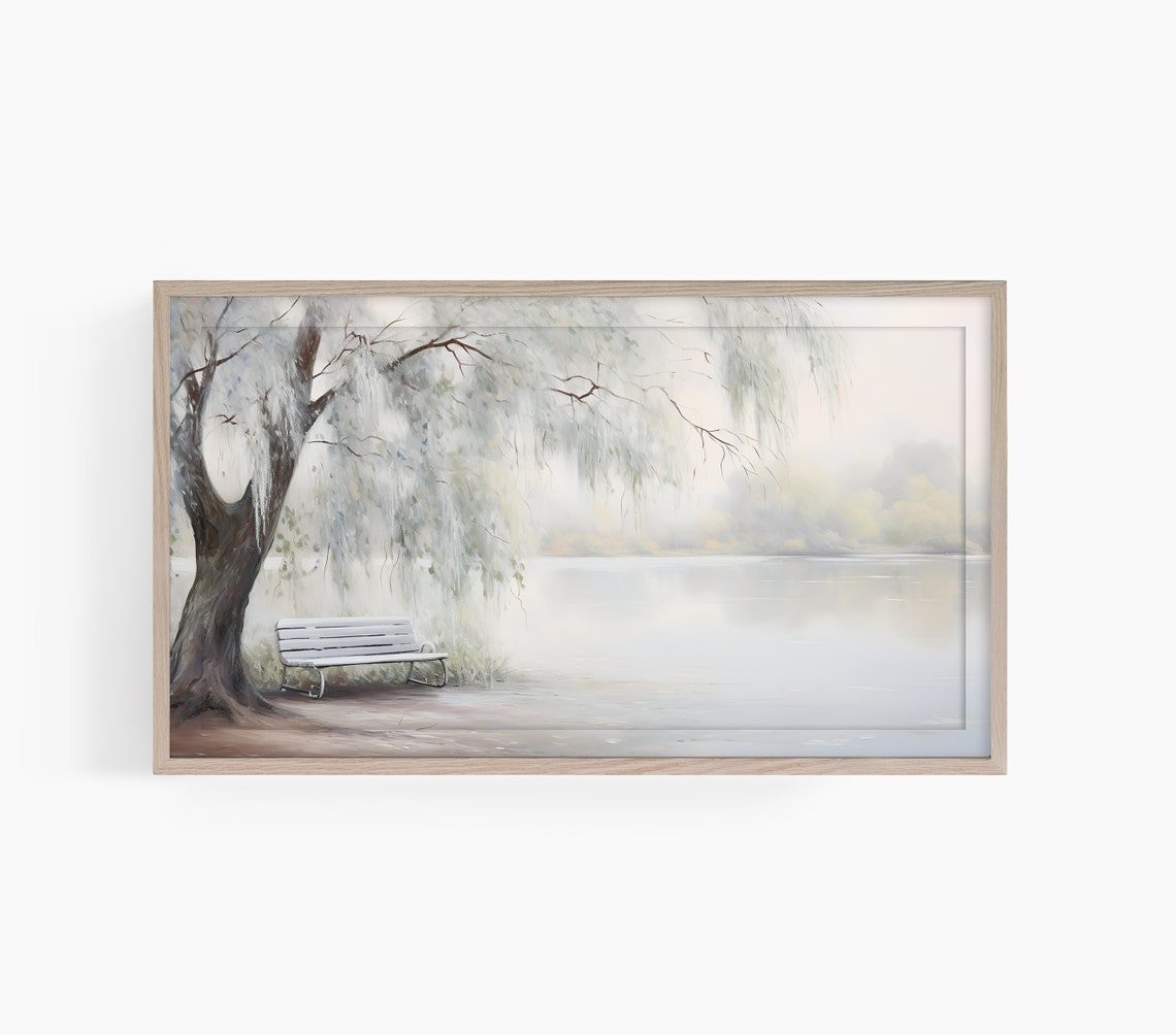 Misty Lakeside Bench Under Weeping Willow Tree Watercolor Poster