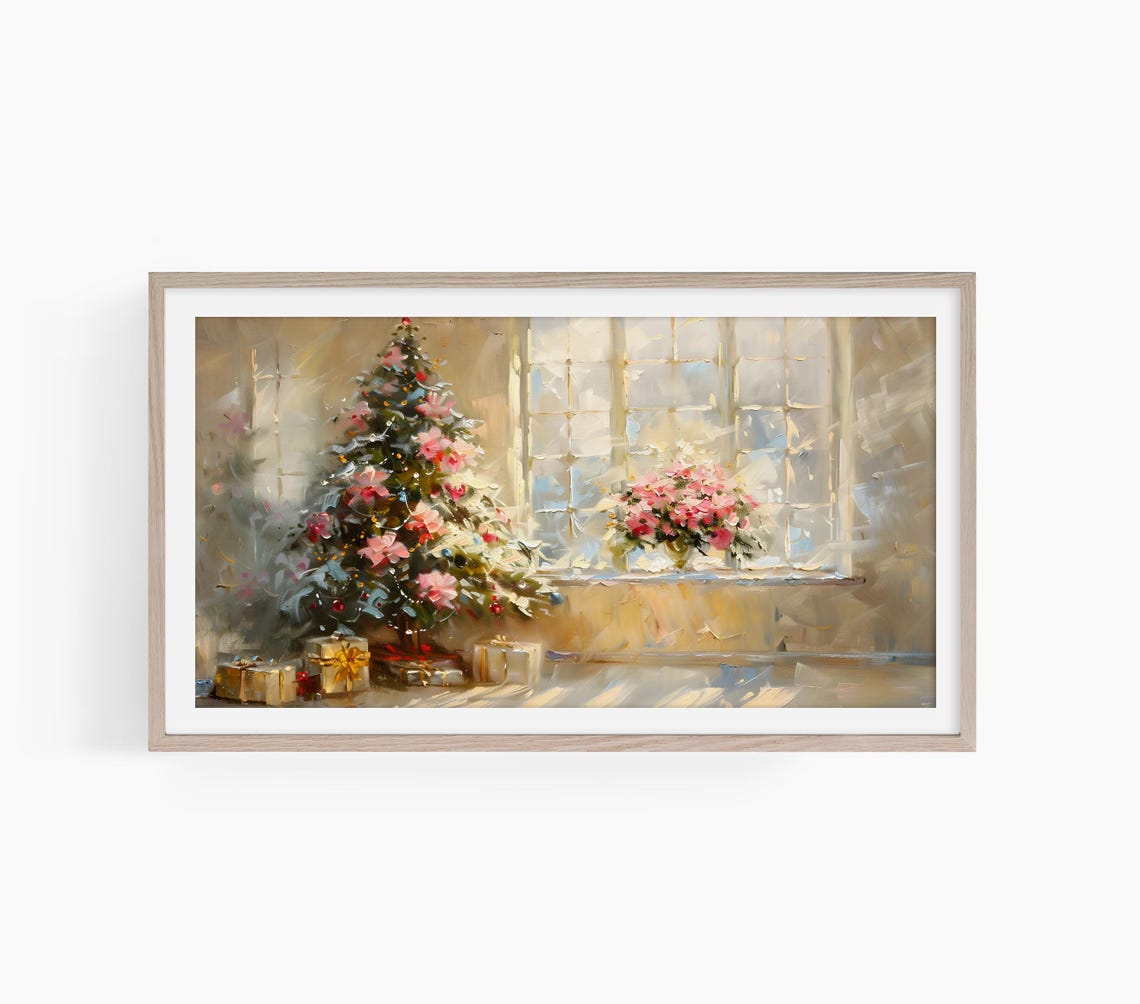 Pink Christmas Tree Bright Window Impressionist Oil Painting Print