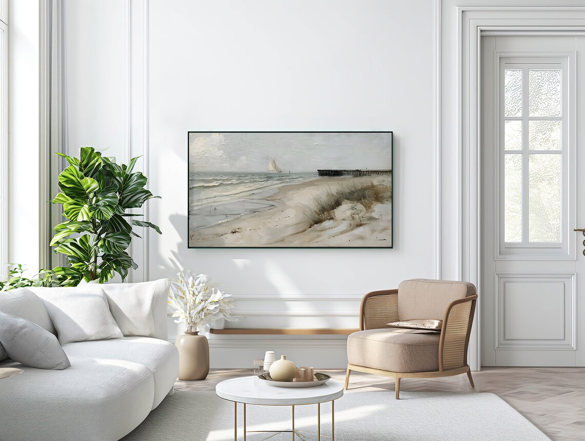 Moody Coastal Painting of a Sailboat Pier and Sand Dunes Poster - Image 3