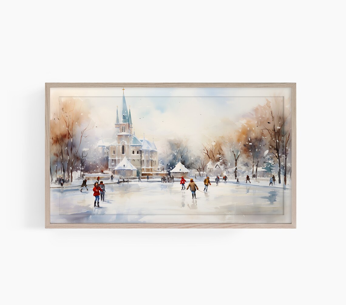 Winter Ice Skating Rink Village Church Snowy Holiday Scene Poster