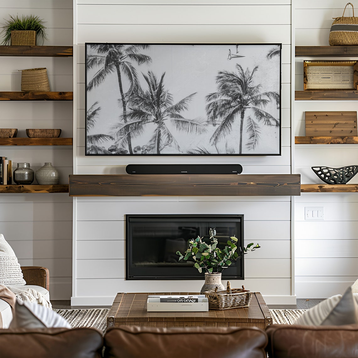 Black and White Palm Trees Over a Sandy Beach Aerial Photo Poster - Image 2