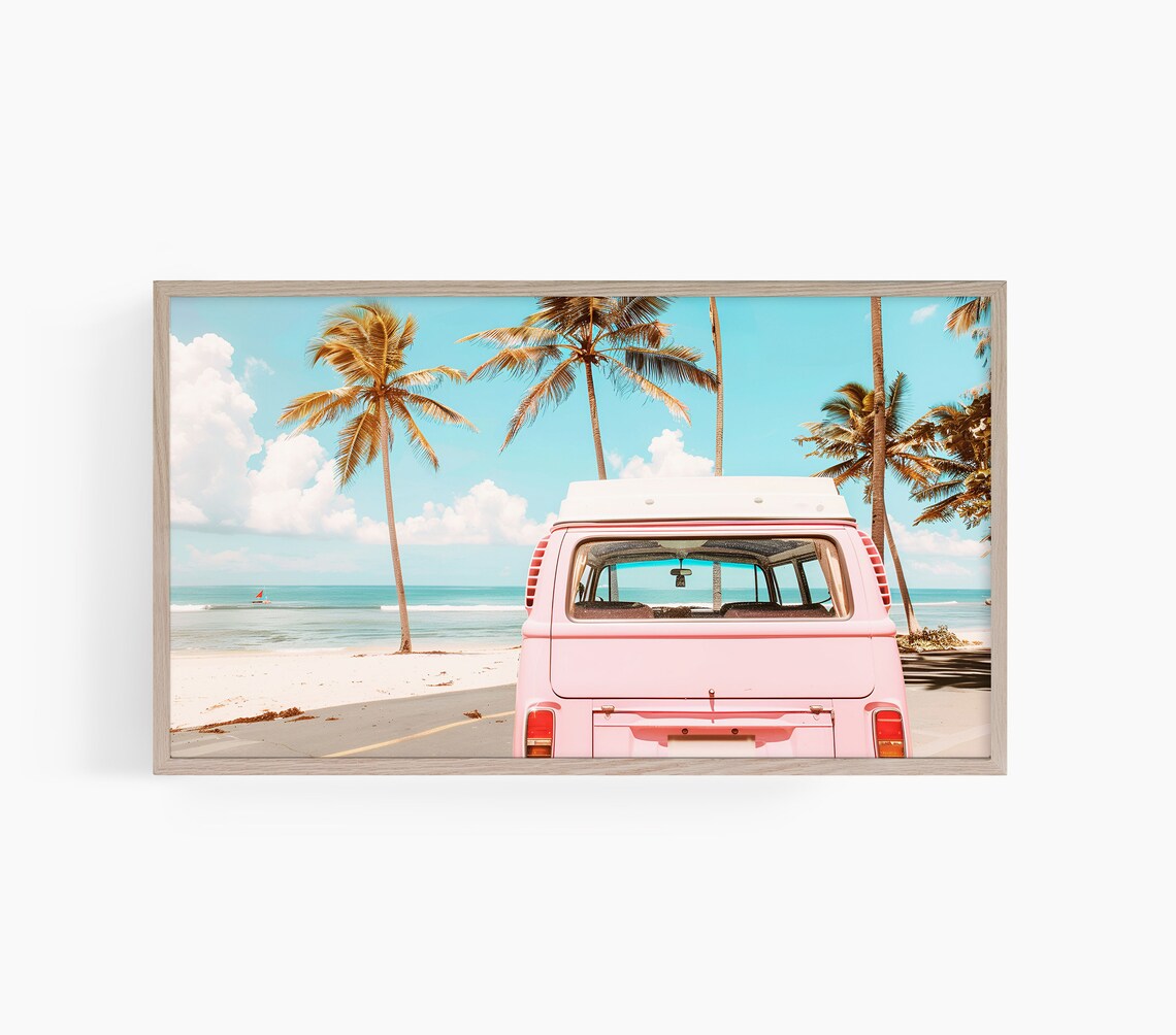Pink VW Van Tropical Beach Palm Trees Retro Travel Photo Poster