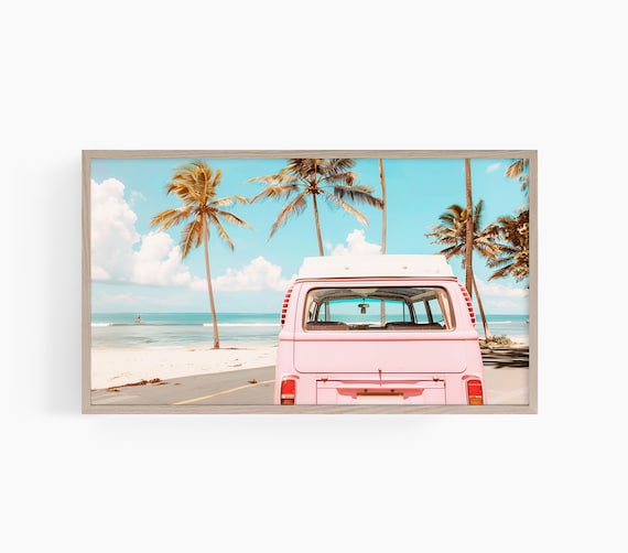 Pink VW Van Tropical Beach Palm Trees Retro Travel Photo Poster
