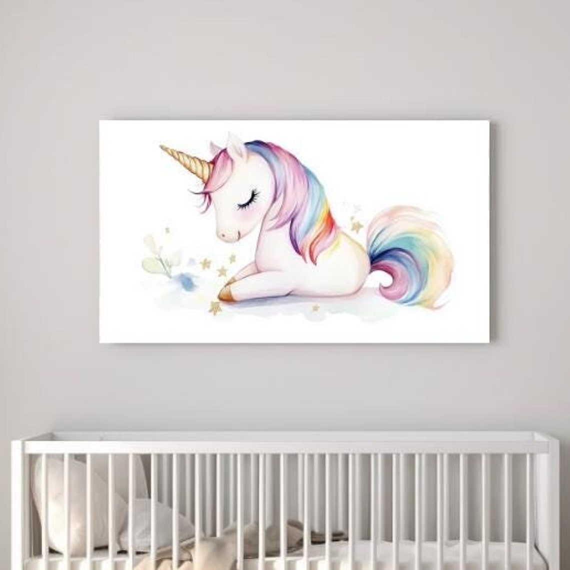 Sleeping Watercolor Unicorn Stars Rainbow Mane Nursery Wall Art Print
