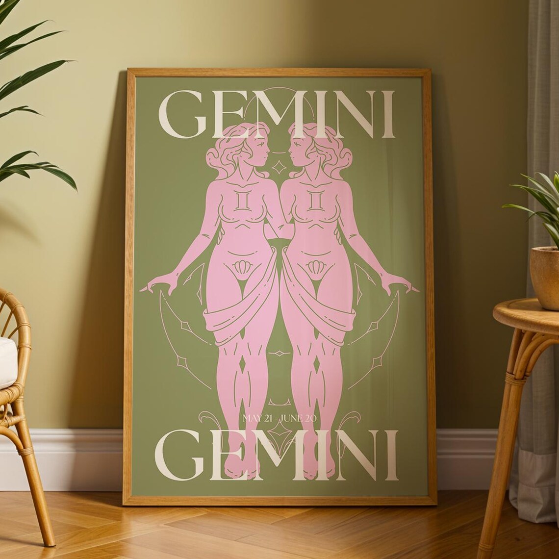 Gemini Zodiac Twin Goddesses Celestial Green Star Sign Poster