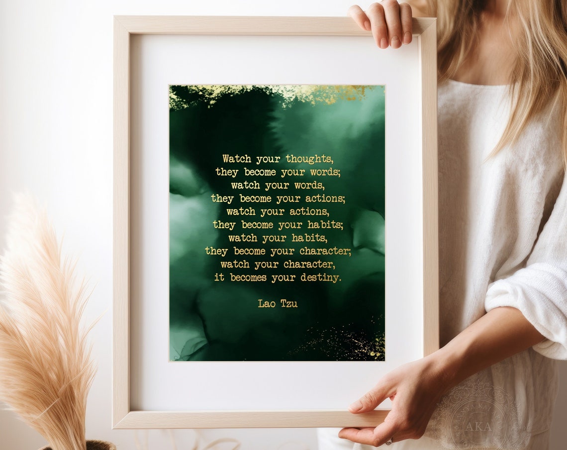 Lao Tzu Watch Your Thoughts Quote Green Watercolor Gold Foil Poster - Image 4