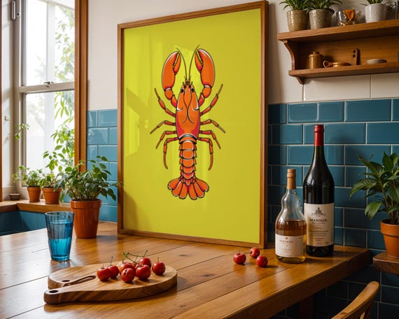 Bold Orange Lobster Art Print Yellow Background Modern Coastal Wall Decor
