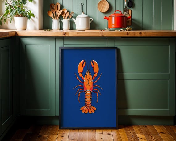 Bold Orange Lobster Art Print Blue Background Modern Coastal Wall Decor