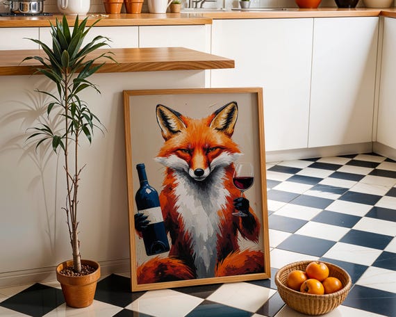 Funny Wine Fox Art Print Quirky Animal Lover Decor