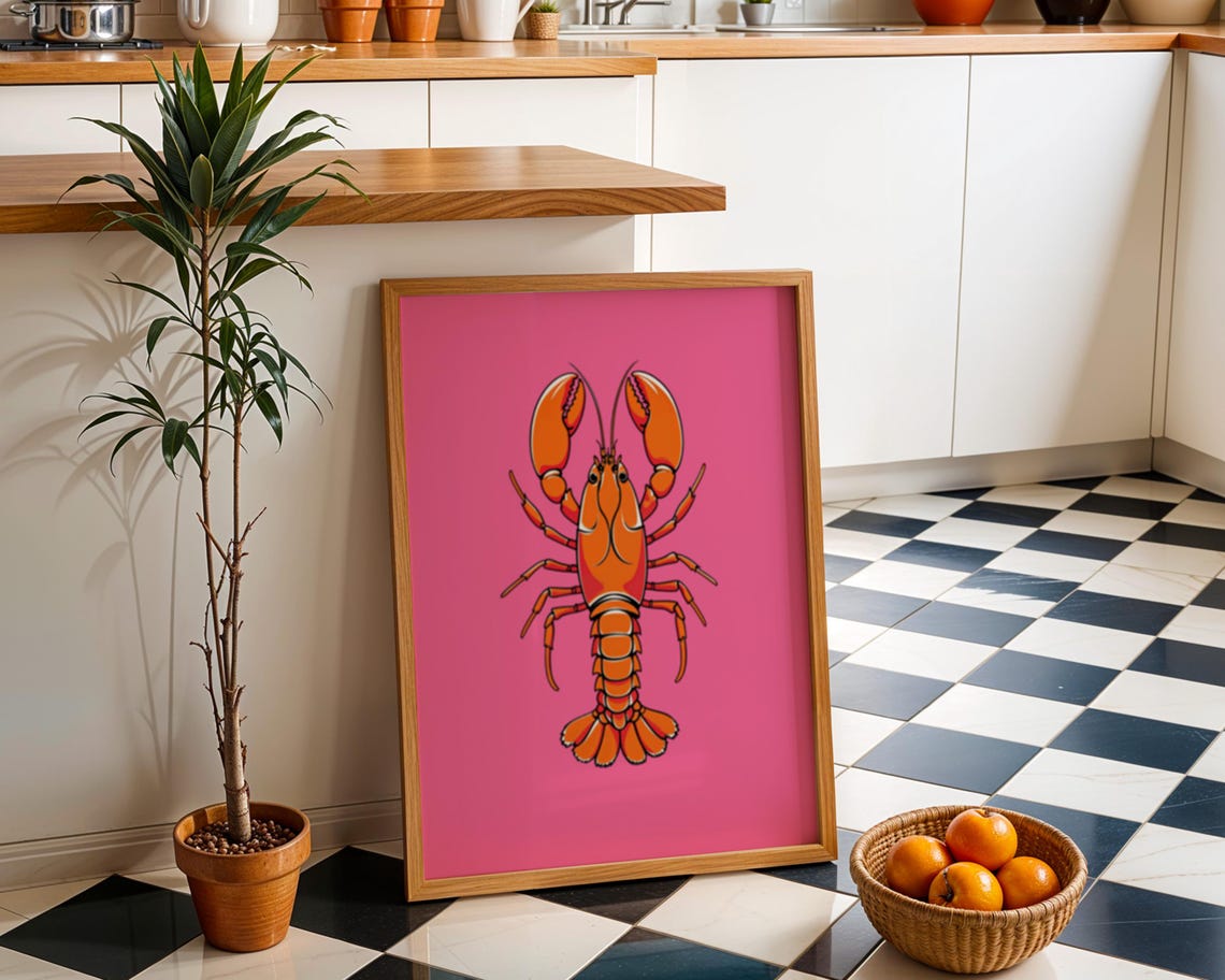 Bold Orange Lobster Art Print Pink Background Modern Coastal Wall Decor