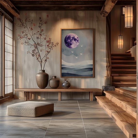 Purple Moon Landscape Print Minimalist Boho Wall Art Dreamy Coastal Scene