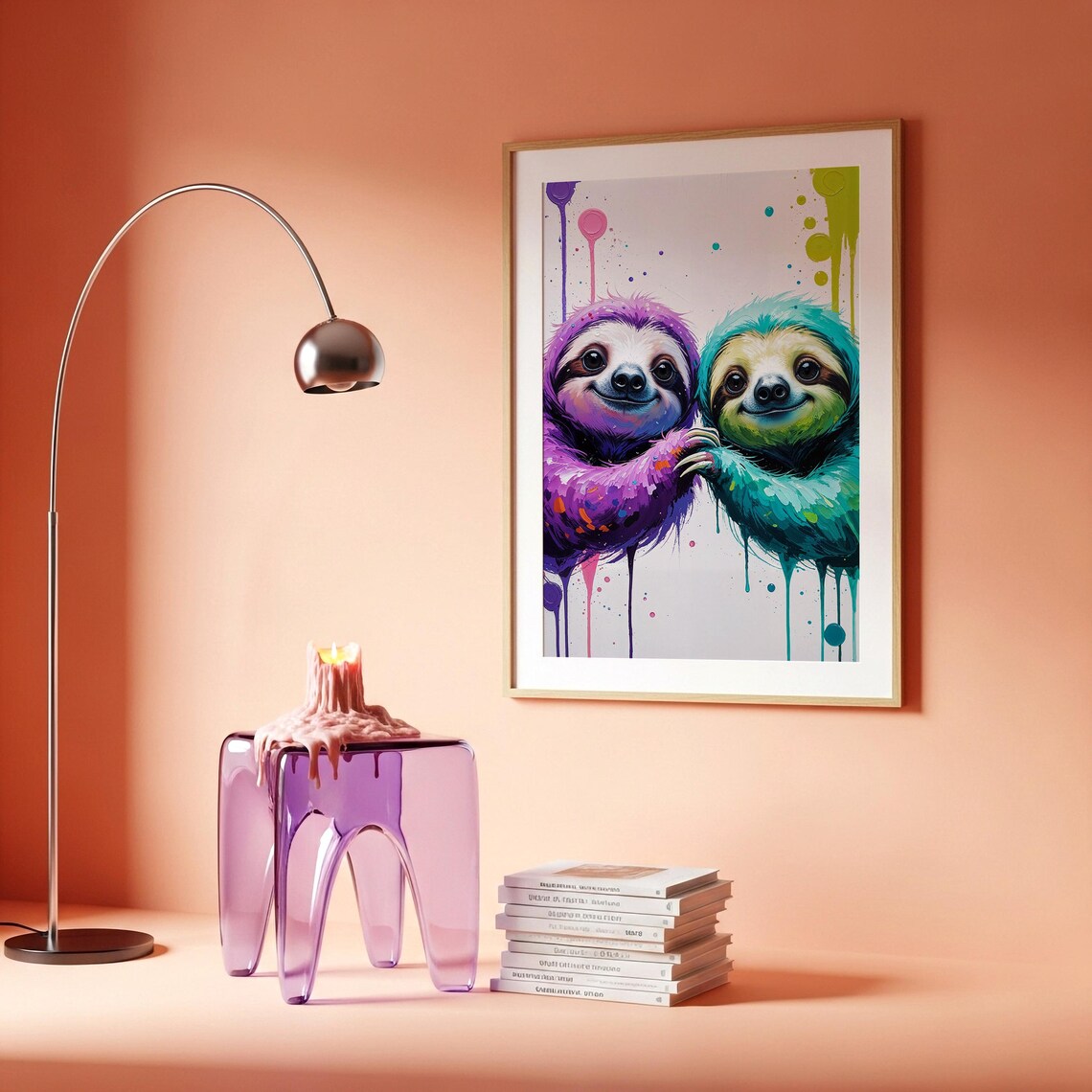 Colourful Sloth Art Print Dripping Paint Style Whimsical Duo