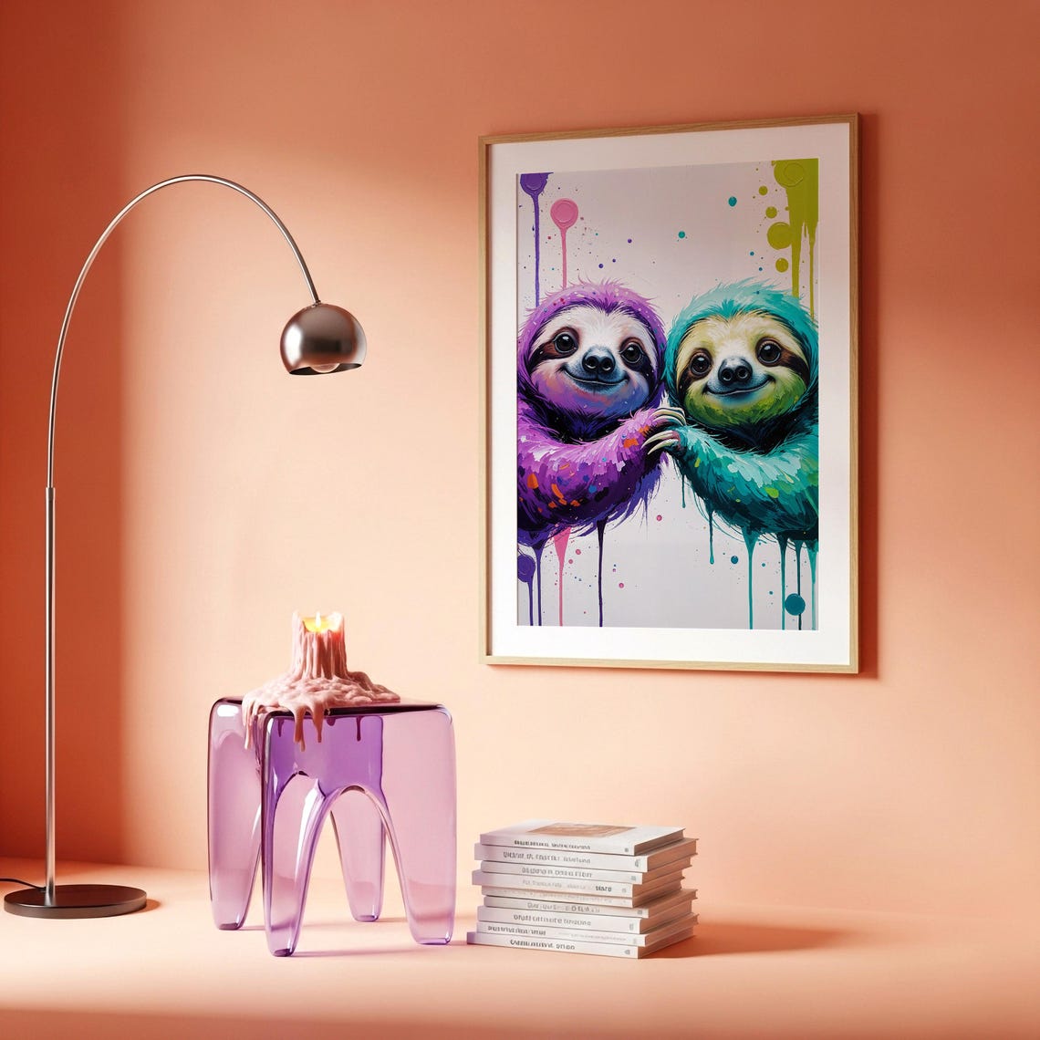 Colourful Sloth Duo Purple Teal Dripping Paint Whimsical Animal Poster