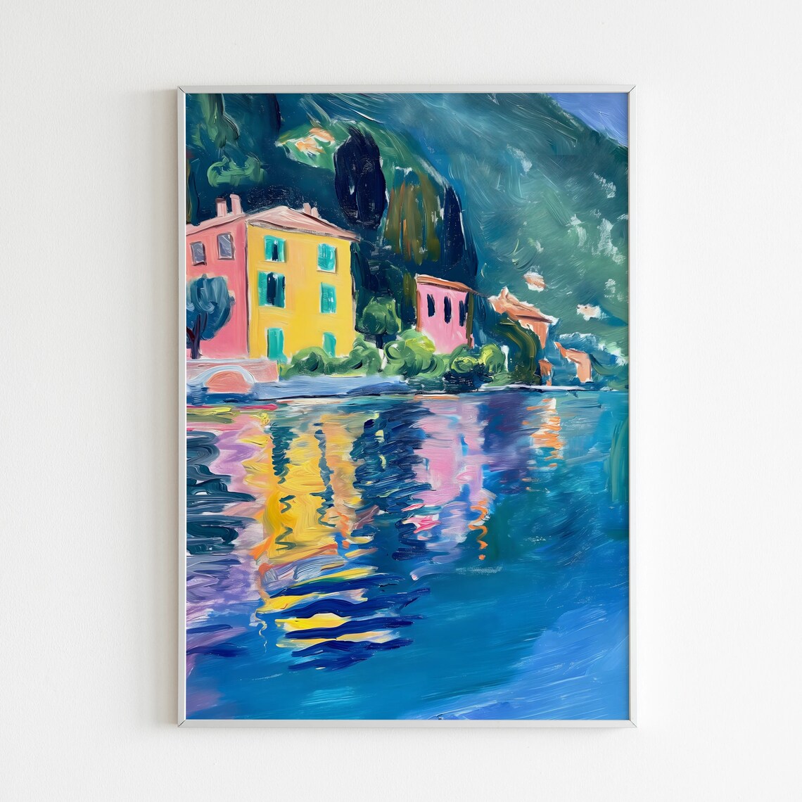 Colorful Lakeside Houses Reflection Fauvist Village Water Poster