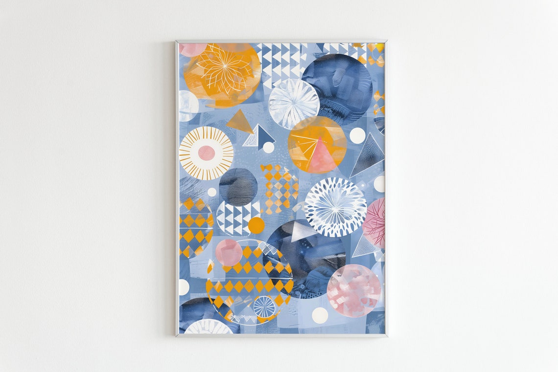 Geometric Circles Diamonds Pattern Blue Orange Abstract Art Poster