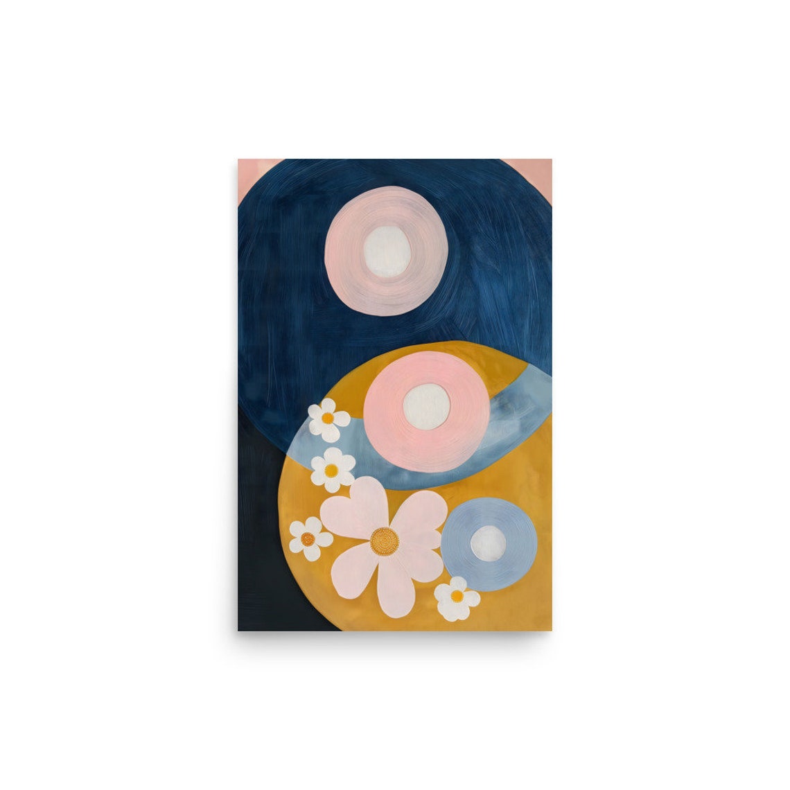 Hilma af Klint Style Navy Mustard Circles Pink Flowers Art Poster - Image 2
