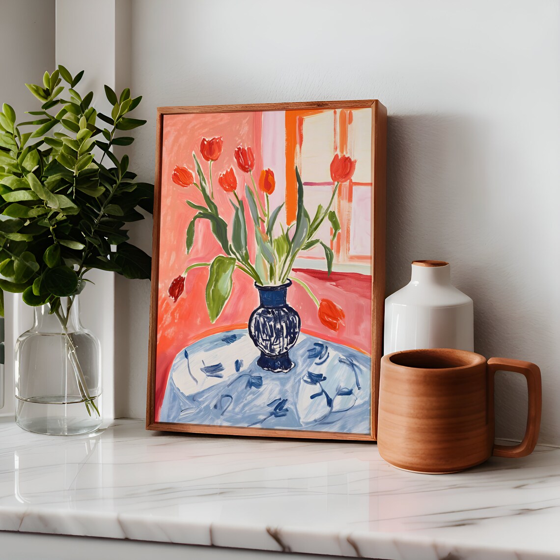Red Tulips Blue Vase Fauvist Still Life Pink Room Floral Poster - Image 2