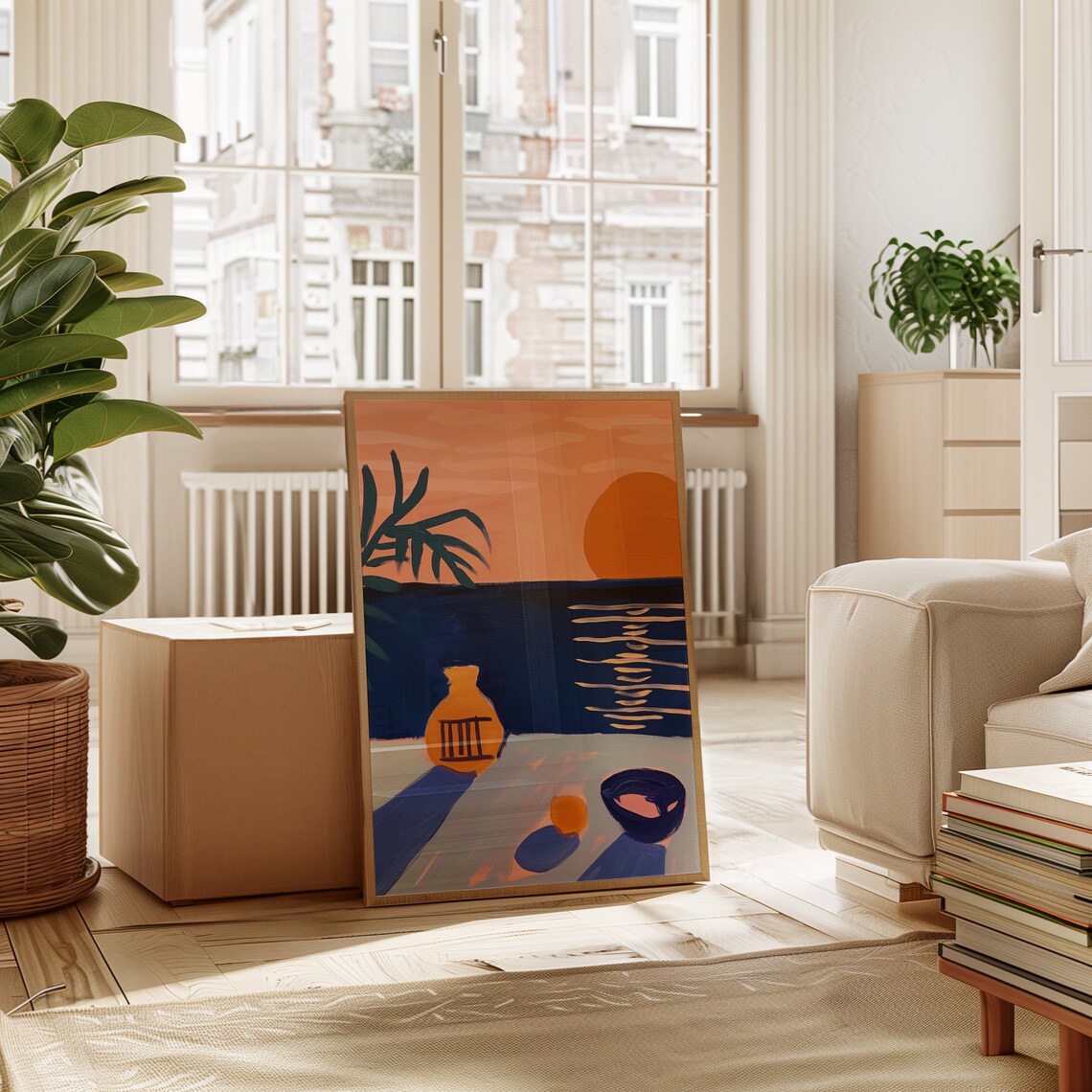 Orange Sunset Over Blue Sea Still Life Pitcher Fauvist Art Poster - Image 3
