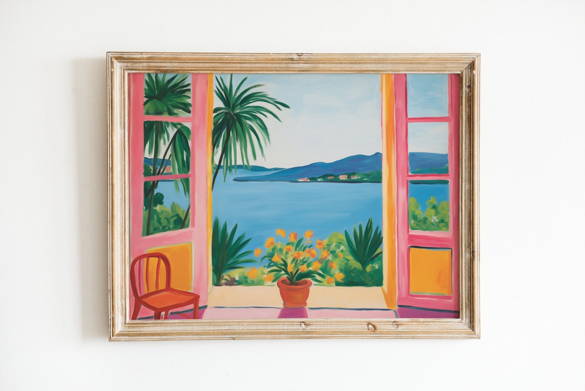 Henri Matisse Style Pink Window Palm Trees Blue Bay View Poster