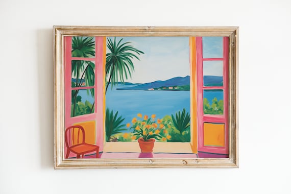 Henri Matisse Style Pink Window Palm Trees Blue Bay View Poster