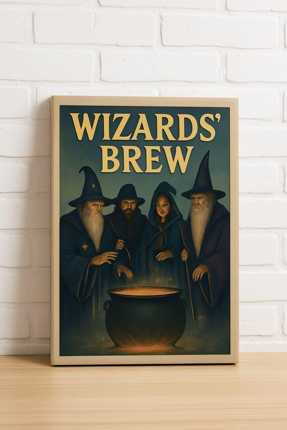 Wizards Brew Four Wizards Around Cauldron Vintage Fantasy Poster