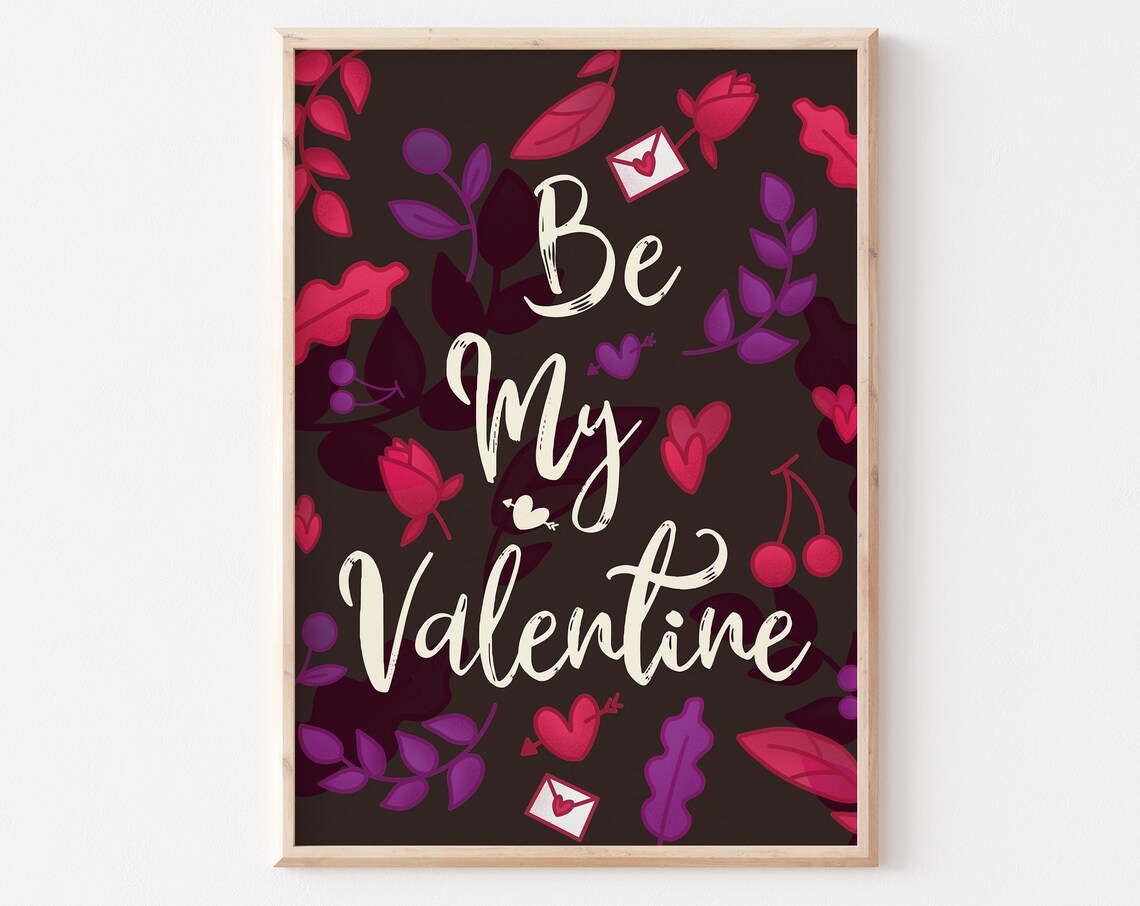 Be My Valentine Script Dark Floral Hearts Romantic Holiday Wall Art