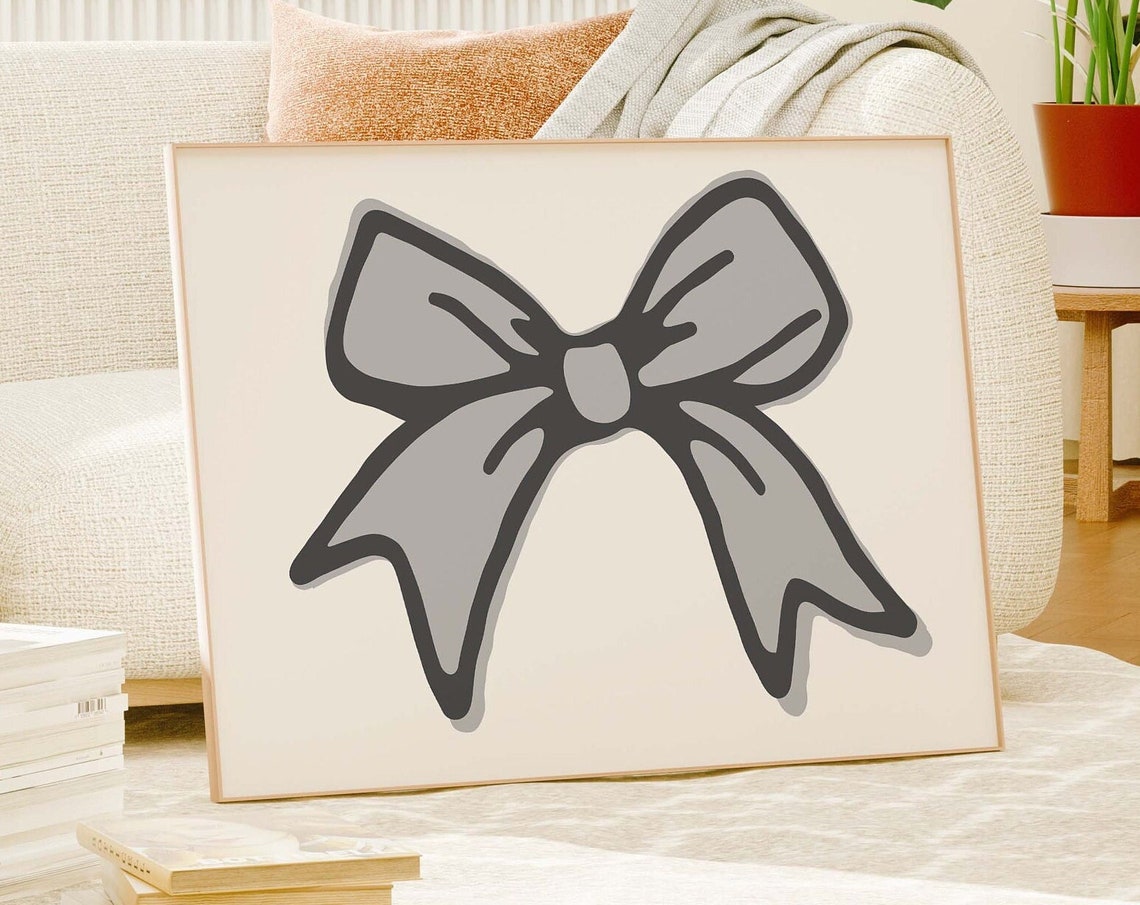 Grey Ribbon Bow Neutral Minimal Balletcore Nursery Decor Poster