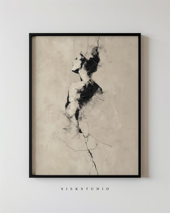 Modern Abstract Feminine Silhouette Female Line Figure Wall Art Cracked Body Drawing Neutral Black Minimalist Contemporary Decor