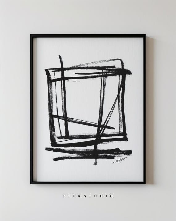 Modern Minimalist Geometric Scribble Art Black And White Abstract Line Wall Neutral Contemporary Home Decor 187