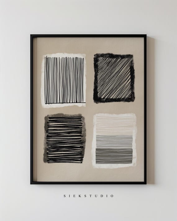 Abstract Minimalist Square Blocks Geometric Modern Black And Beige Shapes Lines Wall Art Neutral Contemporary Room Design 157