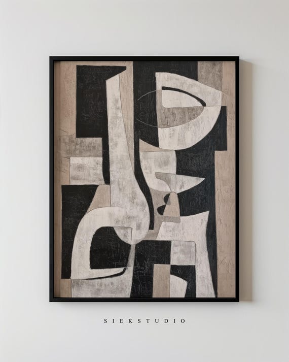 Modern Abstract Shapes Contemporary Black And White Beige Minimalist Art Graphic Cubist Wall Decor For Living Room 80