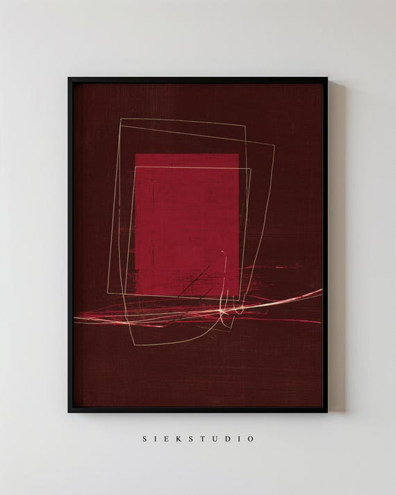 Abstract Minimalist Geometric Lines Drawing Modern Burgundy Red Wall Art Contemporary Neutral Home Decor 191