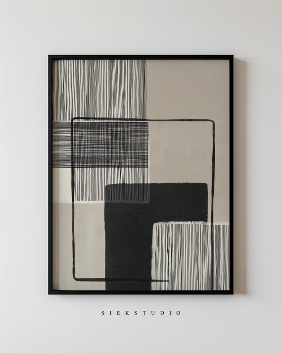 Abstract Minimalist Shapes Geometric Line Drawing Modern Black And Beige Grid Wall Art Neutral Contemporary Living Room Decor 151