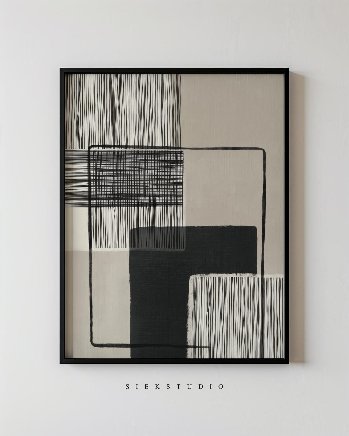 Modern Abstract Geometric Line Composition Beige Black Shapes Poster