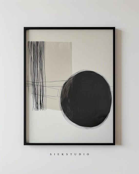Minimalist Abstract Circle Art Black And White Japandi Wall Modern Home Decor Geometric Ink Line Contemporary