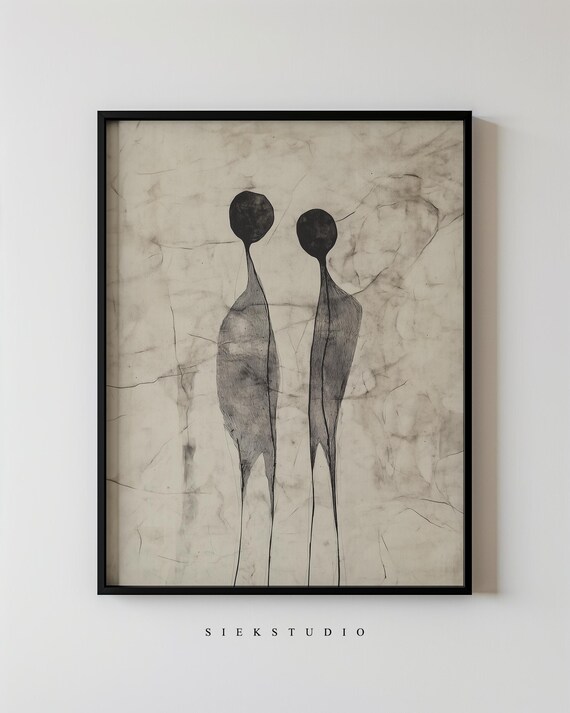 Minimalist Abstract Figures Black Ink Silhouettes On Textured Beige Modern Wabi Sabi Art For Japandi Moody Home Contemporary Decor