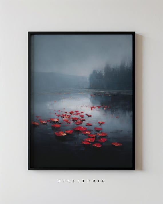 Minimalist Water Red Lily Lake Painting Modern Abstract Misty Landscape Contemporary Home Nature Wall Art Decor 198